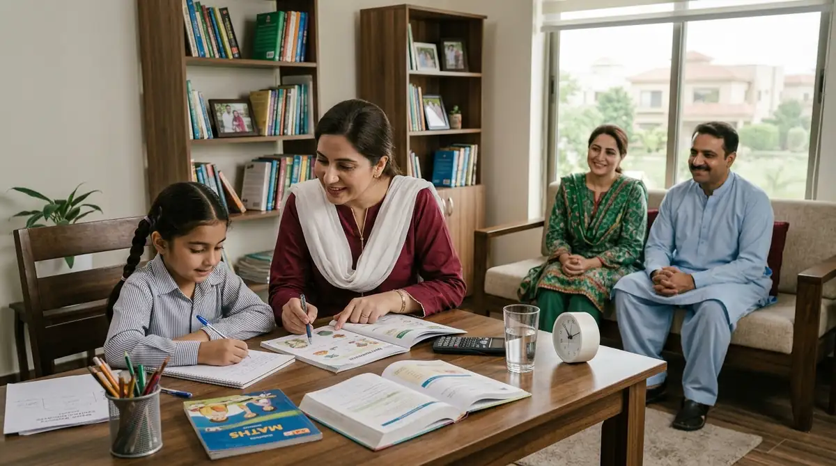 Home tutor in G 11 Islamabad helping a student with schoolwork while family observes