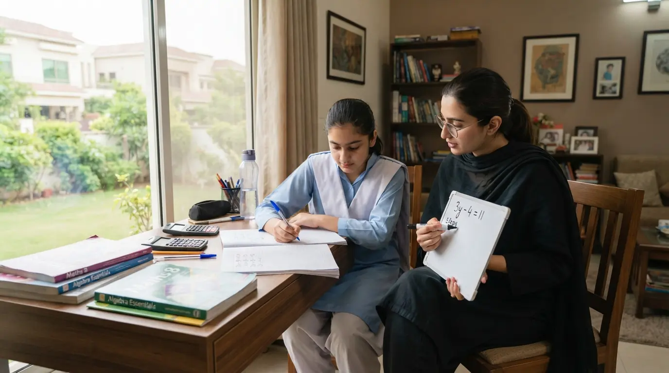 Home tutor in Soan Gardens Islamabad teaching mathematics to a school student during a one-on-one home tuition session
