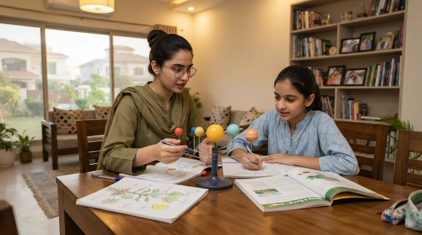 Home tutor in Soan Gardens Islamabad teaching science concepts with a solar system model during a home tuition class