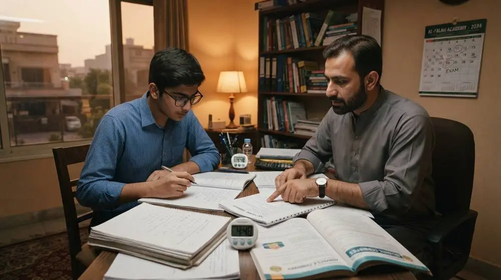 Home tutor in Soan Gardens Islamabad helping a student with homework and exam preparation at a study table.