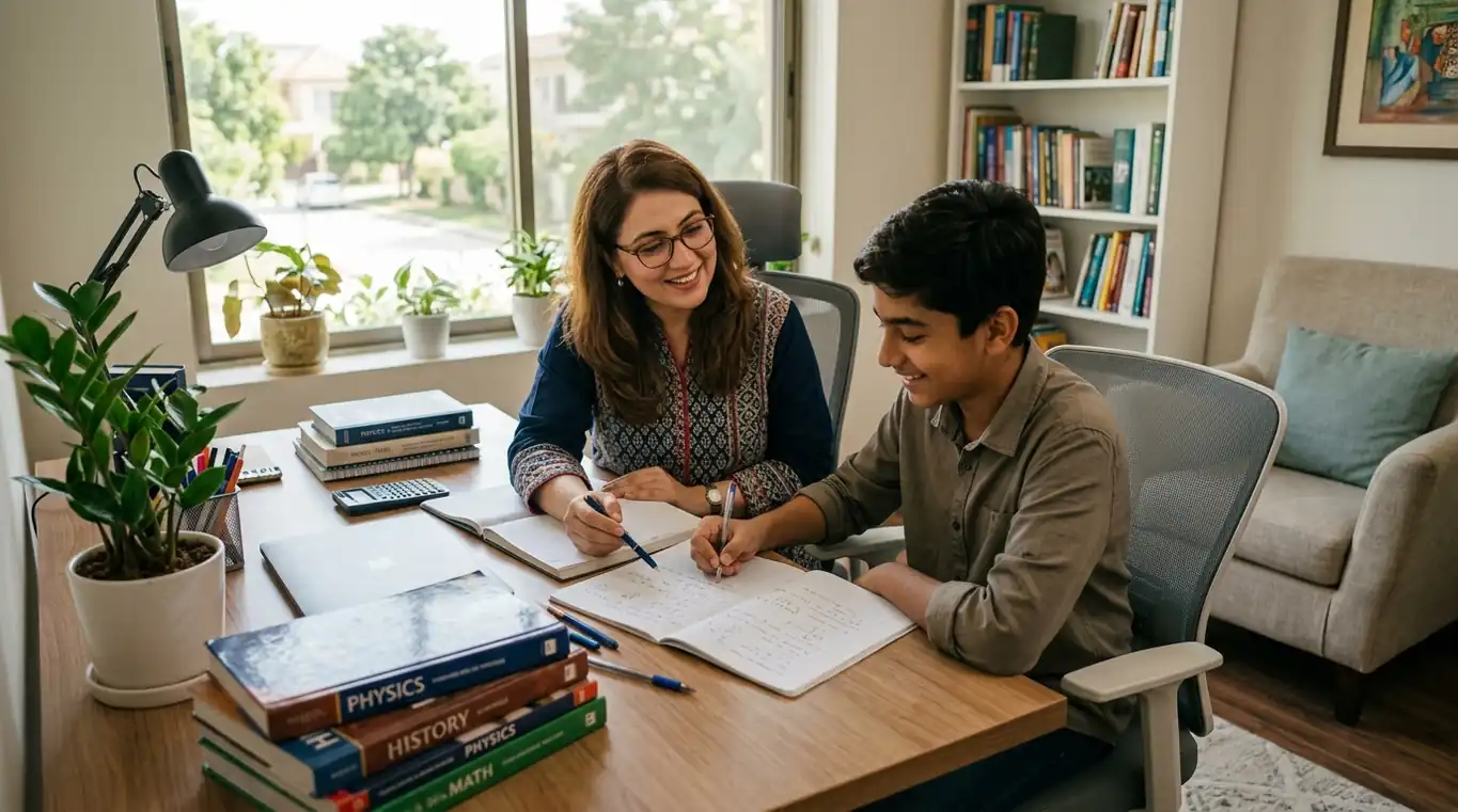 Home tutor in G 13 Islamabad teaching a student during a one-to-one study session