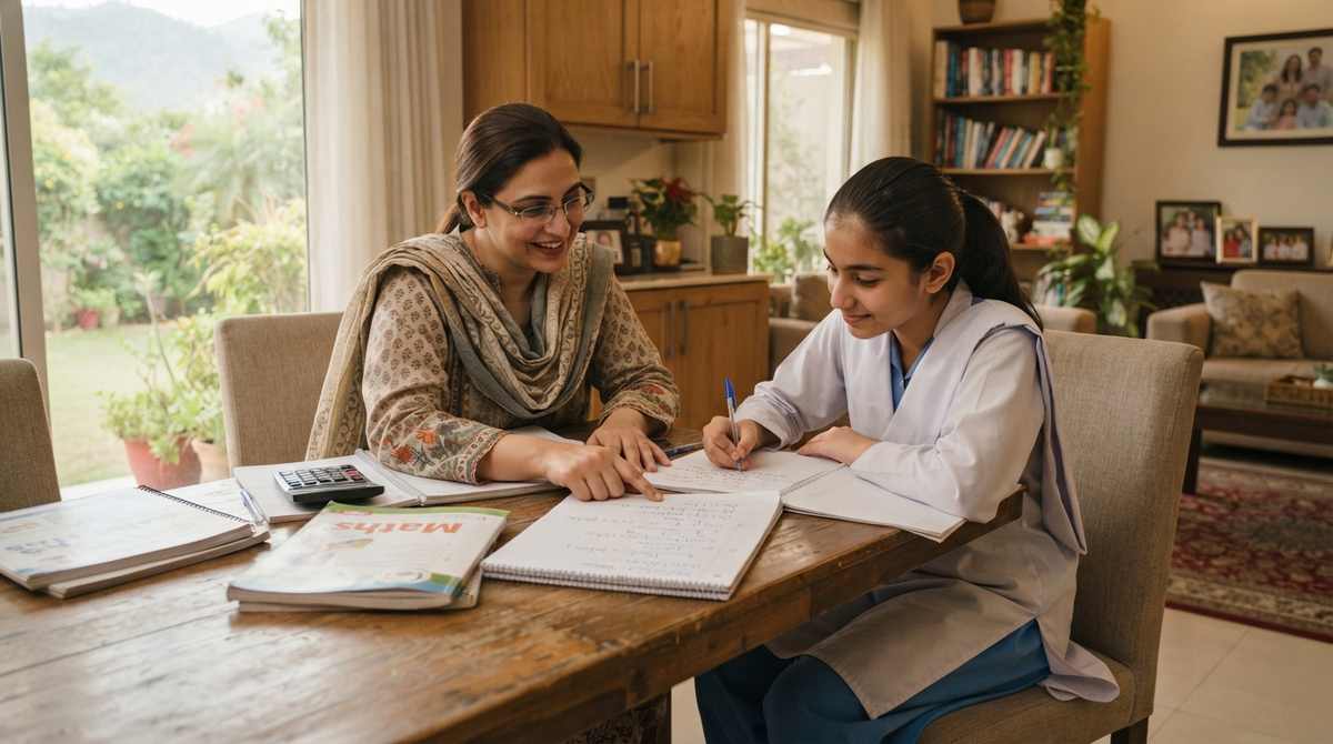 Home tutoring in Chak Shahzad with a female tutor helping a school student with mathematics