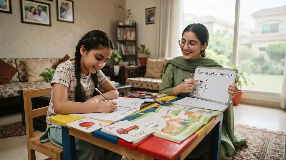 Home tutor in Soan Gardens Islamabad teaching a young student reading and basic mathematics at home.