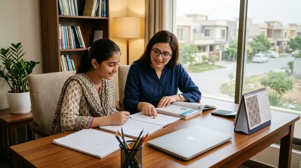 Private home tutor guiding a student through academic practice in G 12 Islamabad