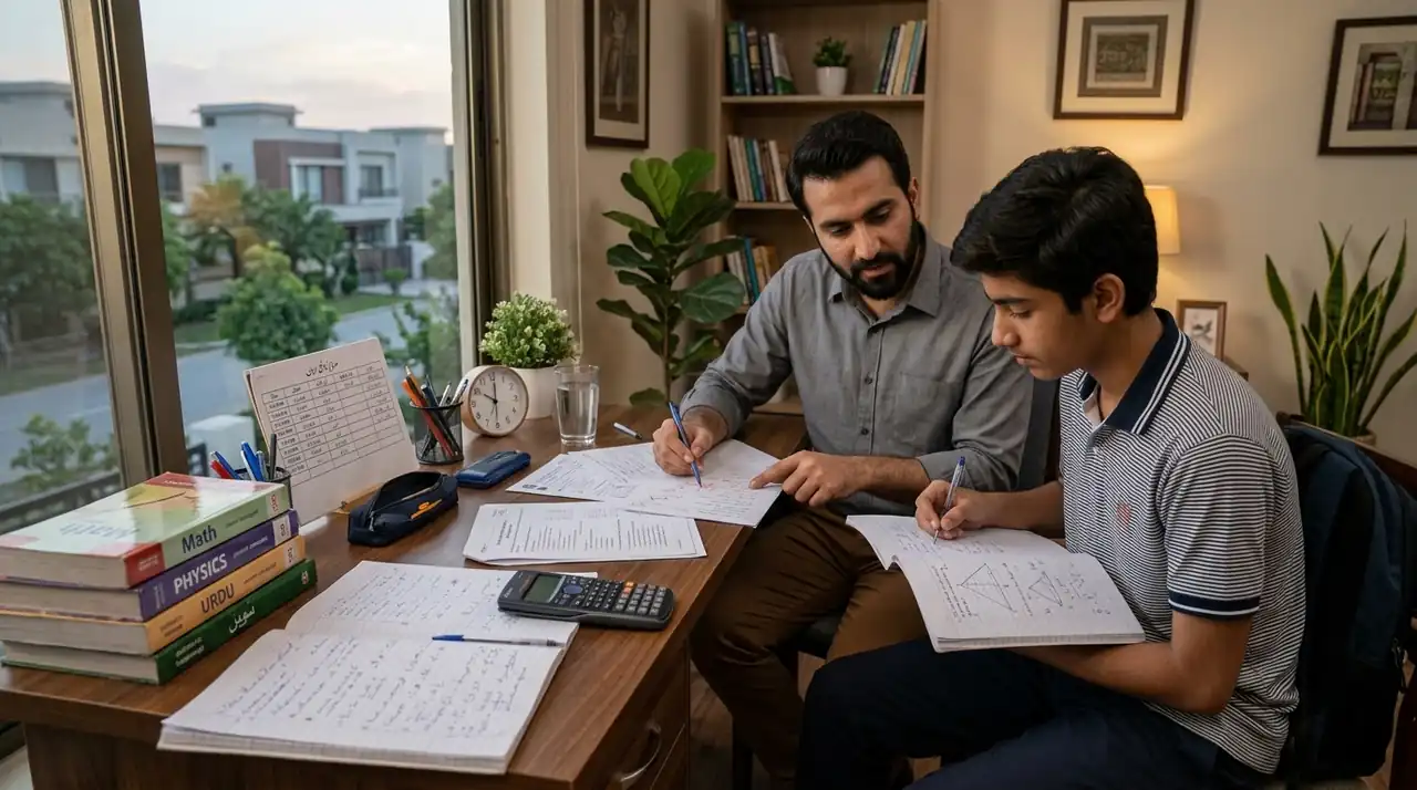 Home tutor in G 10 Islamabad discussing a student's academic progress
