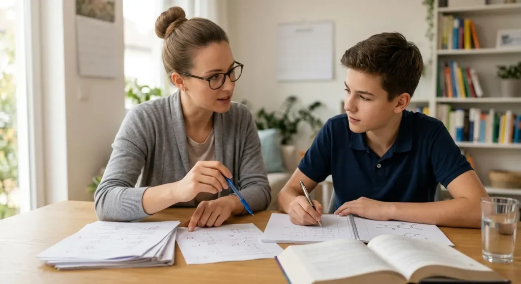 Home tutor helping a student with mathematics at a study table