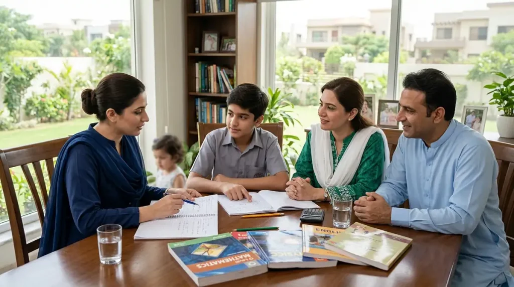 Home tutor in G 11 Islamabad discussing a student's academic progress with family