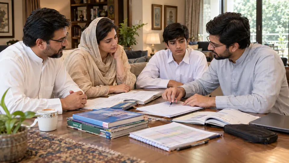 Pakistani parents discussing their child's academic needs with a Home Tutor in F 10 Islamabad at home.