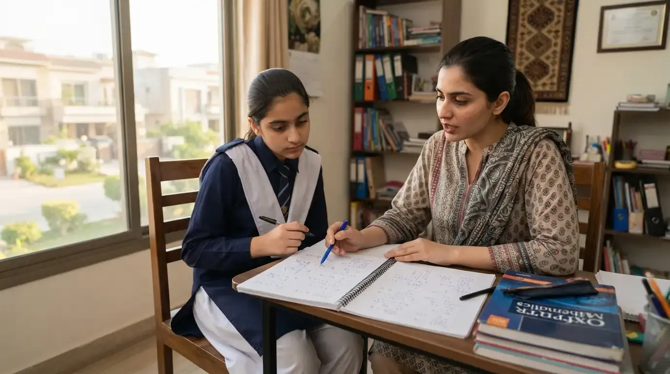 Home tutor in Ghauri Town Islamabad guiding a student through academic work