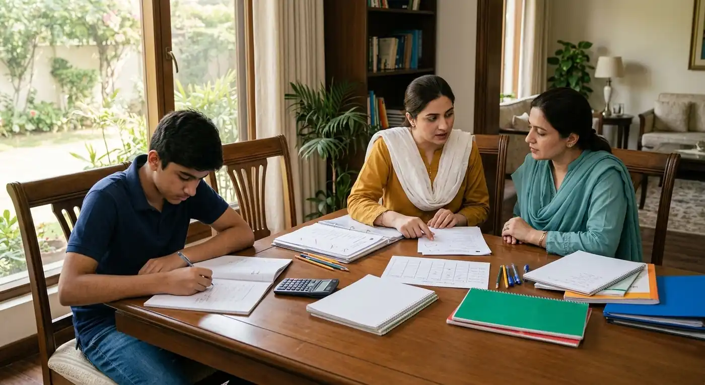 Home Tutor in E 11 Islamabad discussing student progress with parent and child