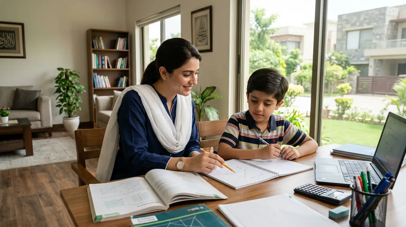 Home Tutor in E 7 Islamabad conducting a personalized mathematics tutoring session with a young student at home