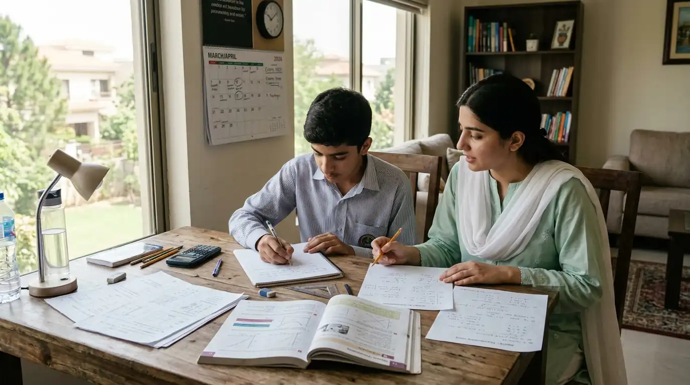 Home Tutor in E 7 Islamabad assisting a senior student with exam preparation and academic problem-solving at home