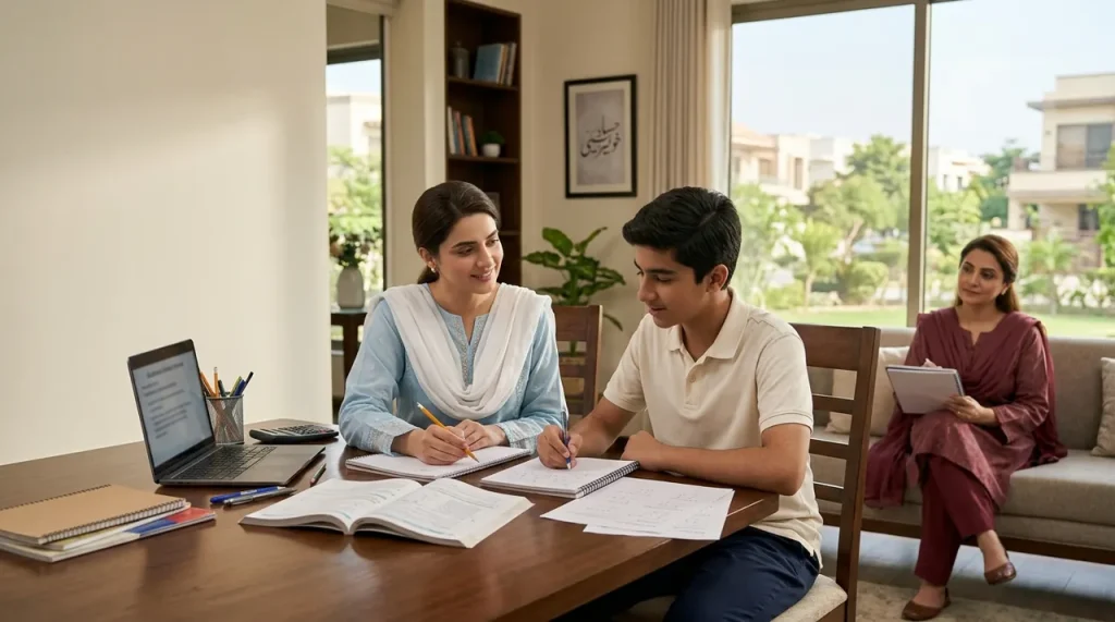 Home Tutor in F 11 Islamabad teaching a student at home with a parent observing