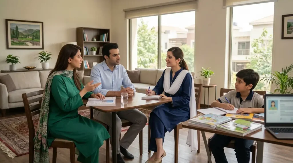 Home Tutor in E 7 Islamabad discussing a personalized learning plan with parents while a student studies at home in Islamabad