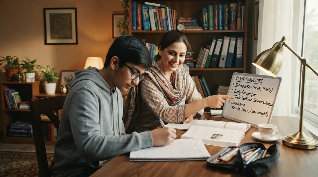 Home tutor in PWD Islamabad helping a student with essay writing