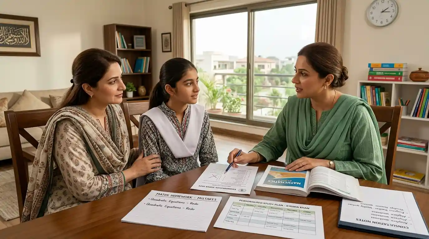 Home tutors in Islamabad discussing a personalized study plan with a student and parent at home