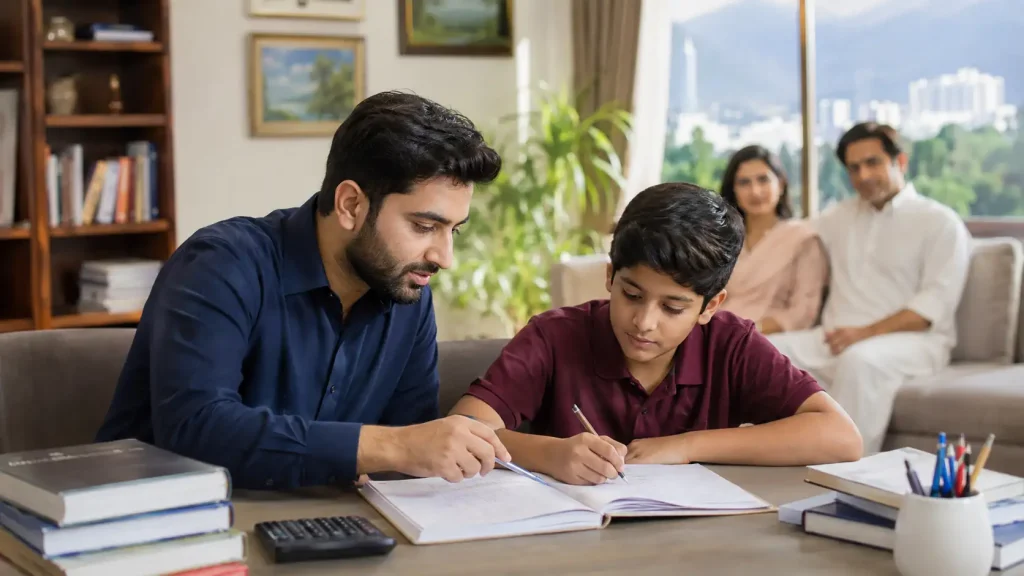 Home Tutor in F 8 Islamabad teaching a student while parents observe progress and learning outcomes at home