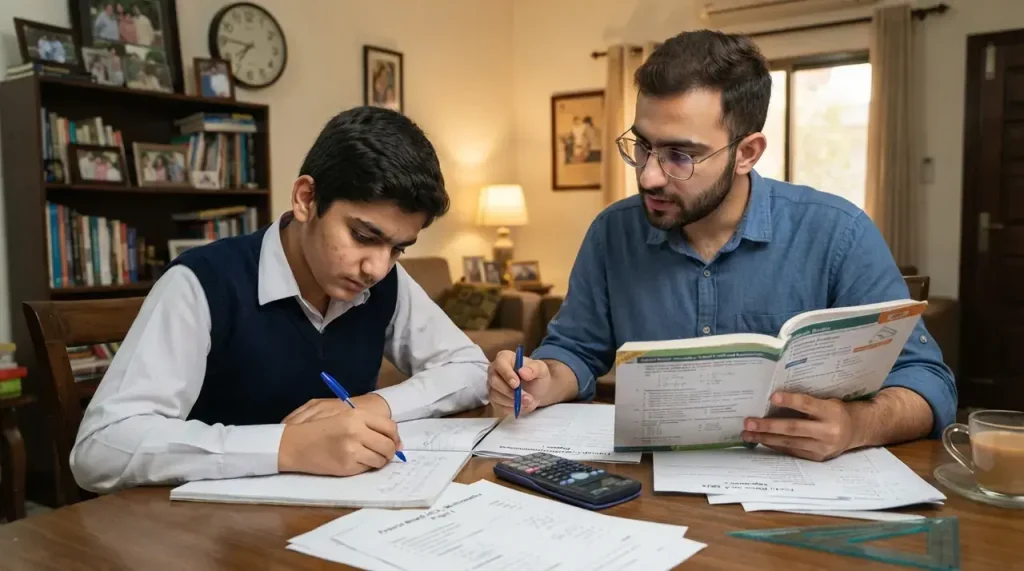 Home tutor in Taramri Chowk Islamabad teaching a student with practice worksheets