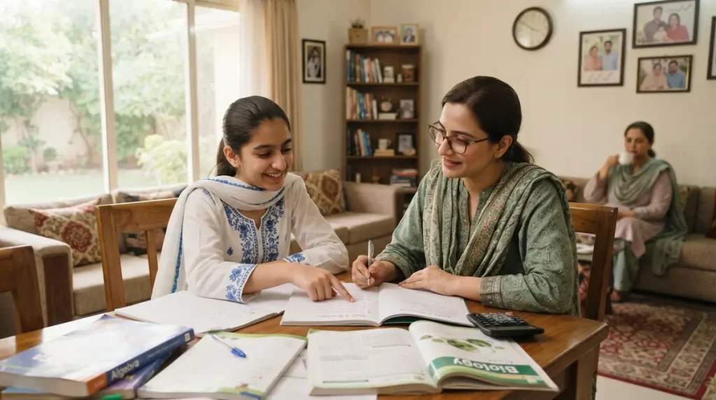 Home tutoring in Chak Shahzad with a tutor guiding a student during a study session