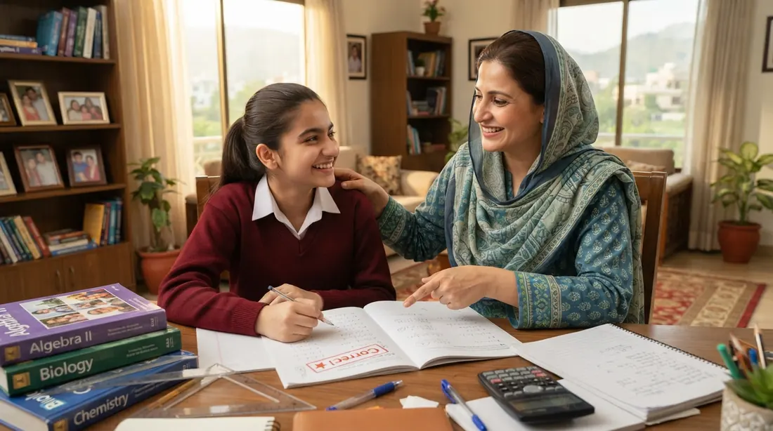 Pakistani female home tutor in I 10 Islamabad teaching a school student mathematics at home in Islamabad