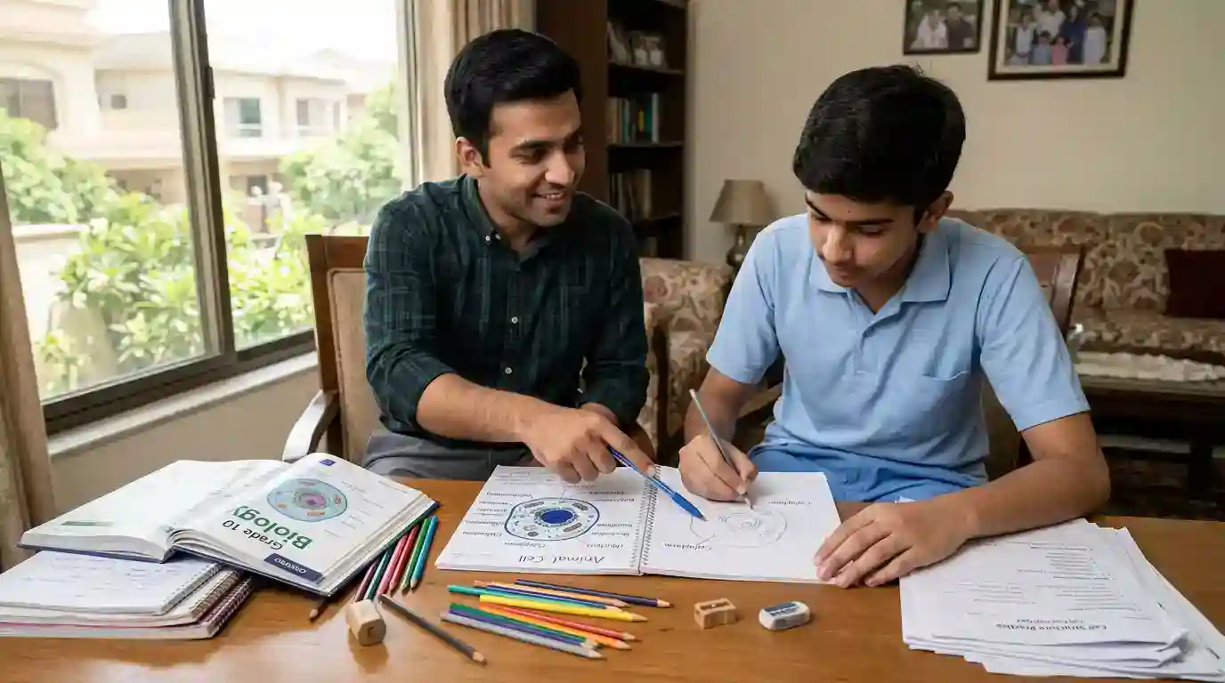 A male biology home tutor in Islamabad guiding a student with an open textbook and notebook at a study desk in an Islamabad home.