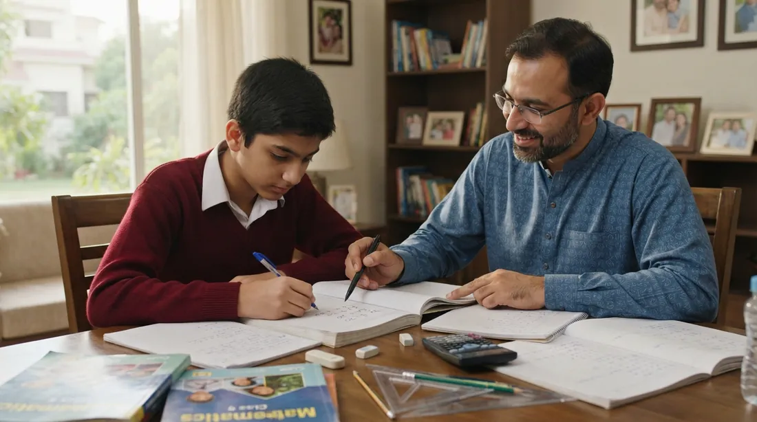 Male home tutor in I 10 Islamabad helping a Pakistani student solve mathematics problems at home