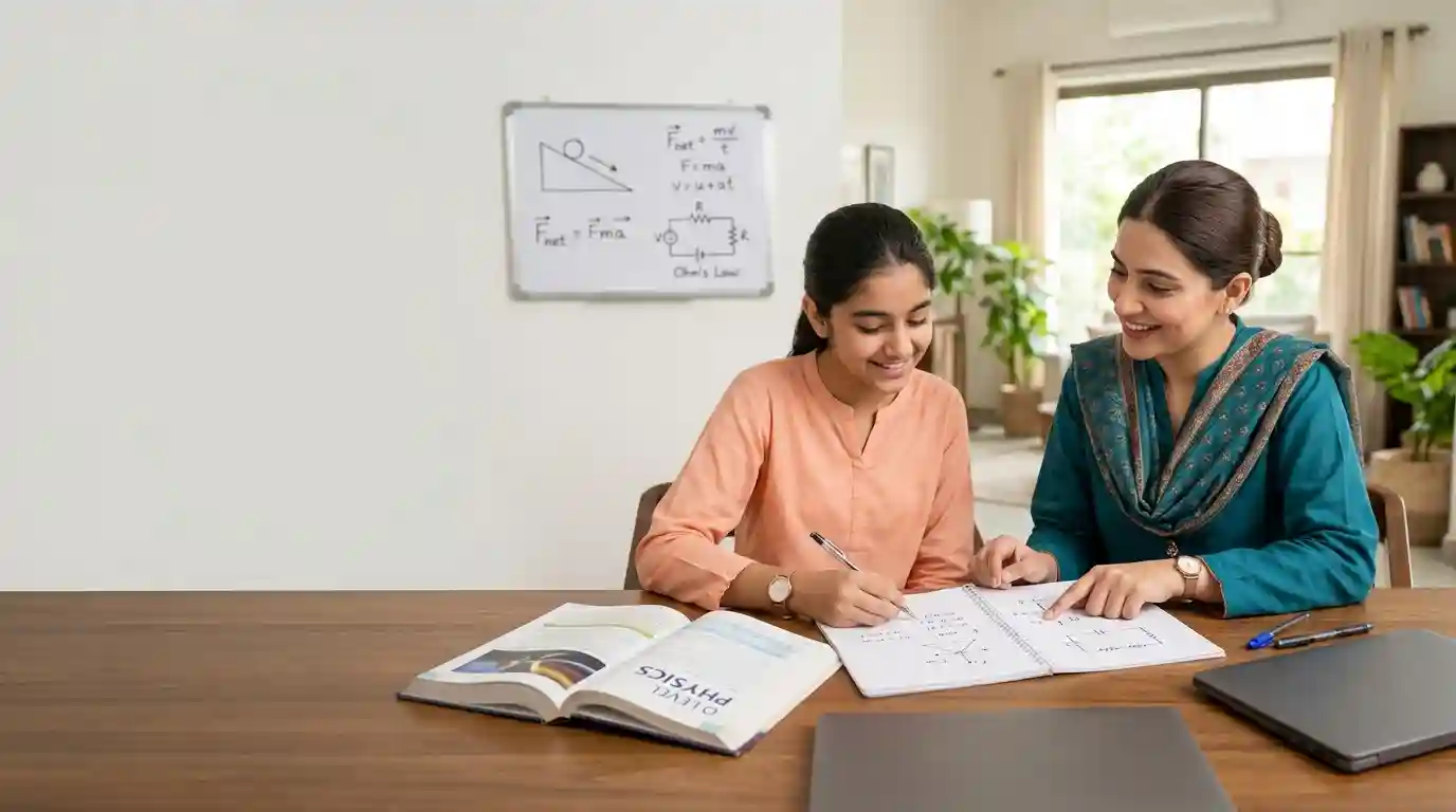 A female physics home tutor in Islamabad helping a high school student solve equations on a notebook during a personalized one-on-one study session.