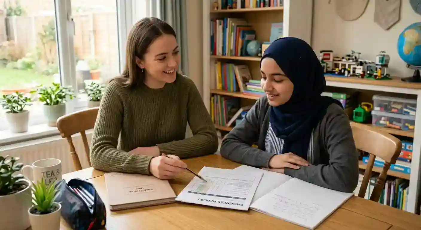 Professional English home tutor in Islamabad explaining a grammar lesson to a young primary student at a study desk.