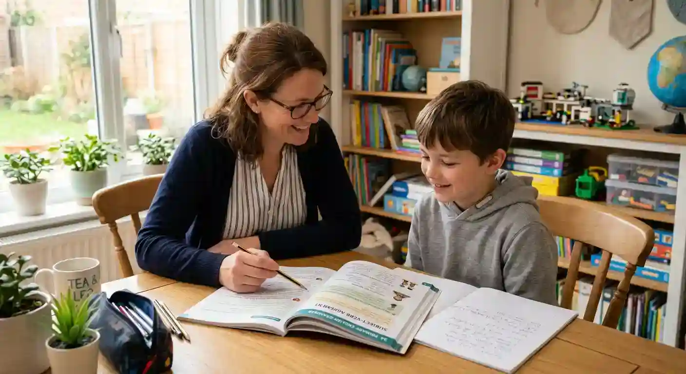 Encouraging English home tutor in Islamabad helping a young student read a storybook aloud.