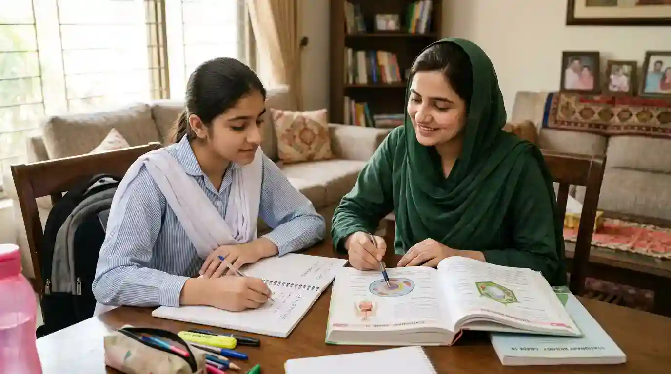 A female biology home tutor islamabad wearing a green hijab explaining cell diagrams to a young student during a home tutoring session.