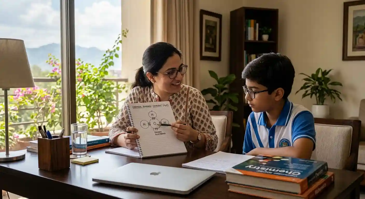 Dedicated male chemistry home tutor in Islamabad assisting a student with chemistry homework in a cozy home study setup.