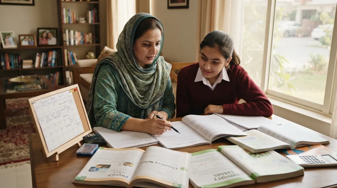 Female tutor in I 10 Islamabad helping a schoolgirl prepare lessons and organize study work at home