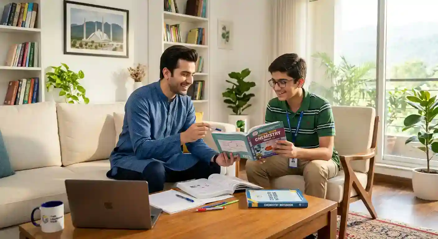 Experienced chemistry home tutor in Islamabad explaining covalent chemical bonding to a student during a home tuition session.
