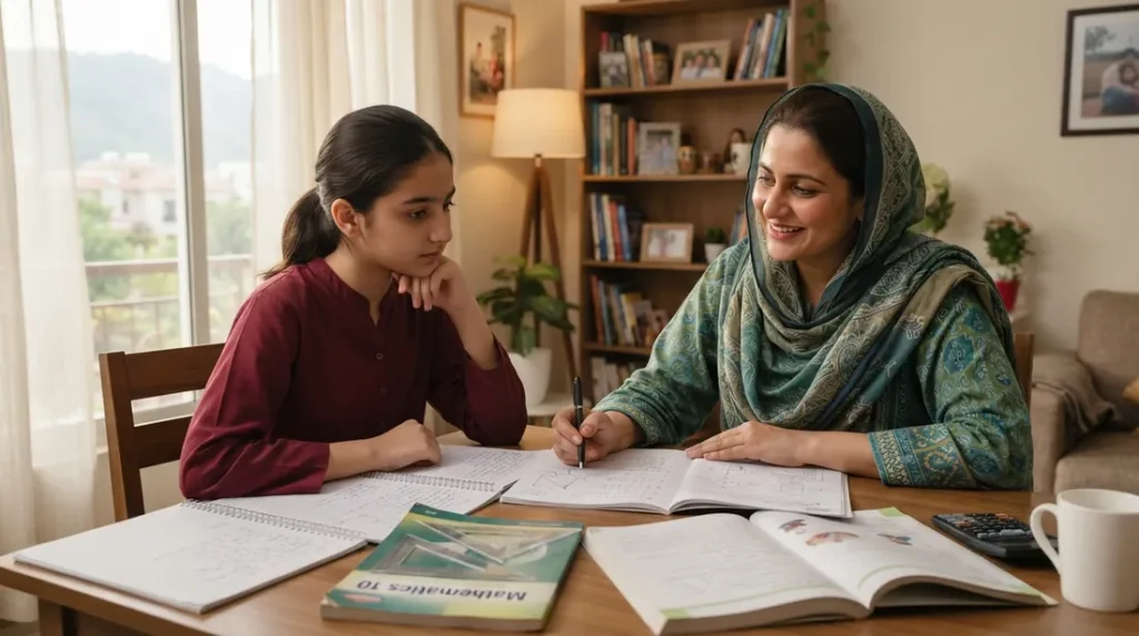 Female home tutor in I 10 Islamabad explaining mathematics to a teenage student during a home lesson